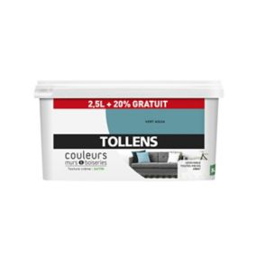 Peinture murs et boiseries Tollens vert aqua satin 2,5L +20% gratuit