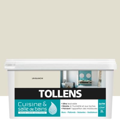 Peinture murs et plafonds cuisine et bains beige lin blanchi satin Tollens 2 L