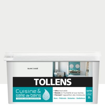 Peinture murs et plafonds cuisine et bains blanc cassé satin Tollens 2 L