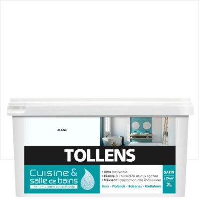 Peinture murs et plafonds cuisine et bains blanc satin Tollens 2 L