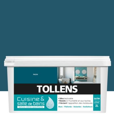 Peinture murs et plafonds cuisine et bains bleu paon satin Tollens 2 L