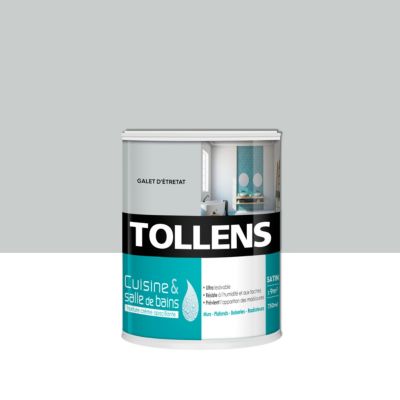 Peinture murs et plafonds cuisine et bains gris galet d'étretat satin Tollens 0.75 L