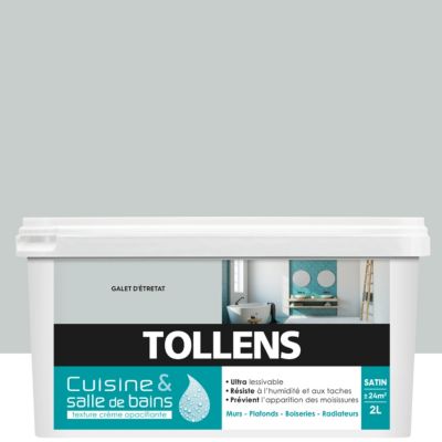 Peinture murs et plafonds cuisine et bains gris galet d'étretat satin Tollens 2 L
