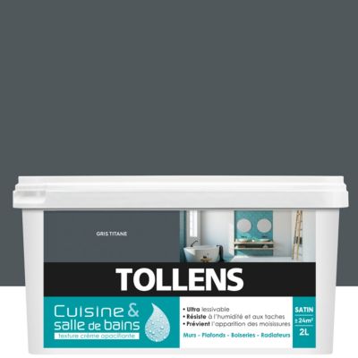 Peinture murs et plafonds cuisine et bains gris titane satin Tollens 2 L
