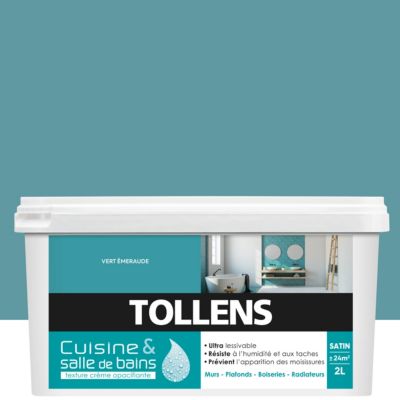 Peinture murs et plafonds cuisine et bains vert émeraude satin Tollens 2 L