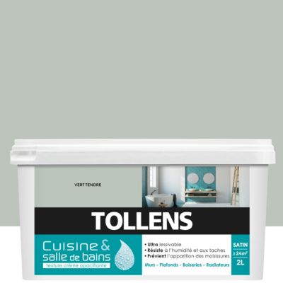 Peinture murs et plafonds cuisine et bains vert tendre satin Tollens 2 L