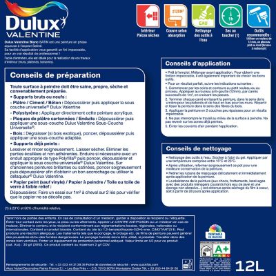 Peinture murs et plafonds en phase aqueuse Dulux Valentine satin blanc 10L +20% gratuit