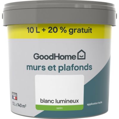 Peinture murs et plafonds GoodHome blanc satin 10L + 20% gratuit