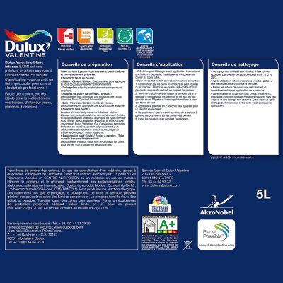 Peinture murs et plafonds phase aqueuse Dulux Valentine satin blanc 5L