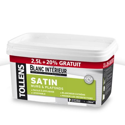 Peinture murs et plafonds Tollens blanc satin 2,5L + 20%