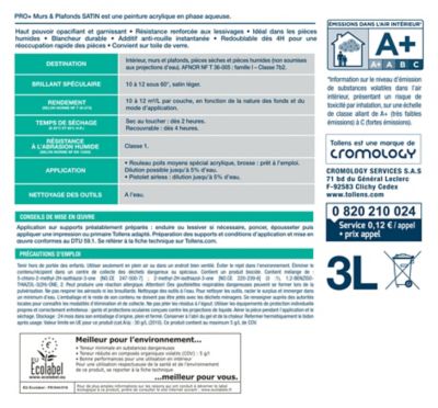 Peinture murs et plafonds Tollens pro+ satin 3L