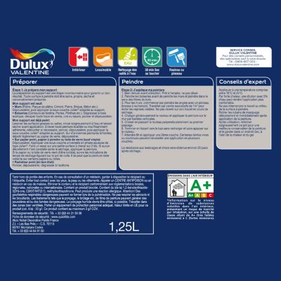 Peinture murs, plafonds, boiseries et radiateurs bleu lune cendrée satin Dulux Valentine Crème de couleur 1.25 L