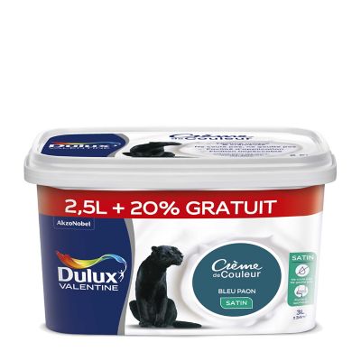 Peinture murs plafonds et boiseries Crème de Couleur Dulux Valentine satin bleu paon 3L