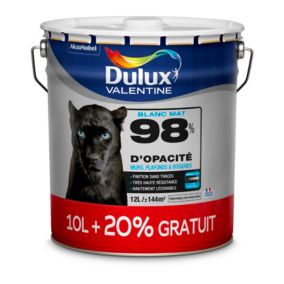 Peinture murs plafonds et boiseries Dulux Valentine 98% monocouche mat blanc 10L +20% gratuit