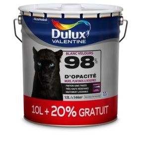 Peinture murs plafonds et boiseries Dulux Valentine 98% monocouche velours blanc 10L + 20% gratuit