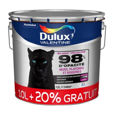 Peinture murs plafonds et boiseries Dulux Valentine 98% monocouche velours blanc 10L + 20% gratuit
