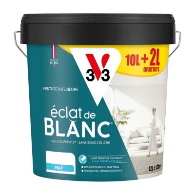 Peinture murs, plafonds et boiseries éclat de blanc V33 blanc mat 10L + 20% gratuit