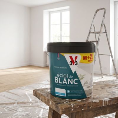 Peinture murs, plafonds et boiseries éclat de blanc V33 blanc mat 10L + 20% gratuit