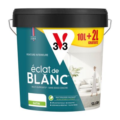 Peinture murs, plafonds et boiseries éclat de blanc V33 blanc satin 10L + 20% gratuit