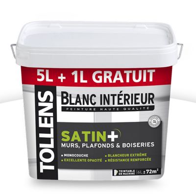 Peinture murs, plafonds et boiseries TOLLENS blanc satin 5L 20 Castorama