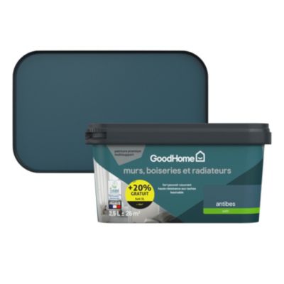 Peinture résistante murs boiseries et métal GoodHome bleu Antibes satin 2,5L +20% gratuit