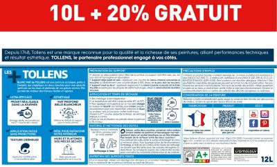 Peinture Tollens murs et plafonds blanc mat 10L+20% gratuit