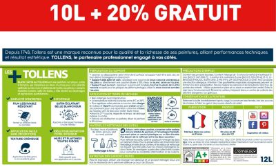 Peinture Tollens murs et plafonds satin blanc 10L+20% gratuit