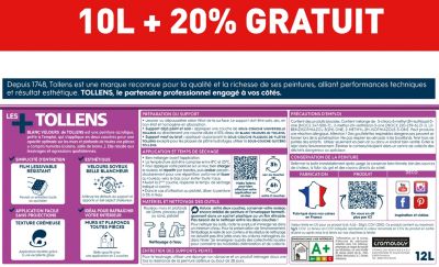 Peinture Tollens murs et plafonds velours blanc 10L
