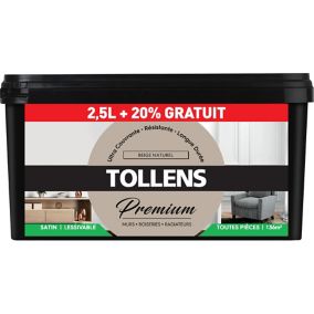 Peinture Tollens premium murs, boiseries et radiateurs beige naturel satin 2,5L +20% gratuit