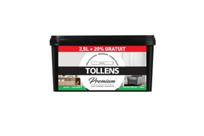 Peinture Tollens premium murs, boiseries et radiateurs blanc satin 2,5L +20% gratuit