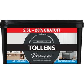 Peinture Tollens premium murs, boiseries et radiateurs gris anthracite mat 2,5L +20% gratuit