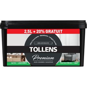 Peinture Tollens premium murs, boiseries et radiateurs gris anthracite satin 2,5L +20% gratuit