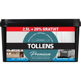 Peinture Tollens premium murs, boiseries et radiateurs vert bucolique satin 2,5L +20% gratuit