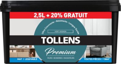 Peinture Tollens premium murs, boiseries et radiateurs vert design mat 2,5L +20% gratuit