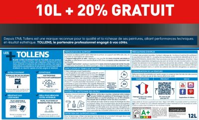 Peinture Tollens ultra couvrant murs, plafonds et boiseries mat blanc 10L+20% gratuit