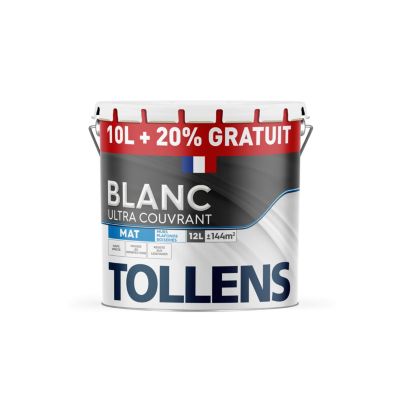 Peinture Tollens ultra couvrant murs, plafonds et boiseries mat blanc 10L+20% gratuit