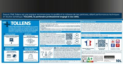 Peinture Tollens ultra couvrant murs, plafonds et boiseries mat blanc 10L