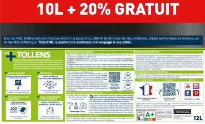 Peinture Tollens ultra couvrant murs, plafonds et boiseries satin blanc 10L+20% gratuit