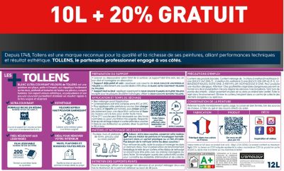 Peinture Tollens ultra couvrant murs, plafonds et boiseries velours blanc 10L+20% gratuit