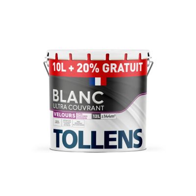 Peinture Tollens ultra couvrant murs, plafonds et boiseries velours blanc 10L+20% gratuit