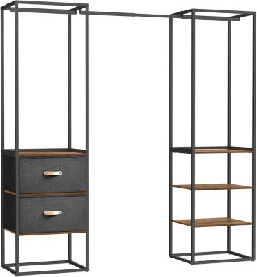 Penderie Ouverte Solide avec 1 Tringle Extensible, 2 Tiroirs, 4 Étagères, pour Chambre, Marron Rustique