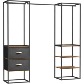 Penderie Ouverte Solide avec 1 Tringle Extensible, 2 Tiroirs, 4 Étagères, pour Chambre, Marron Rustique