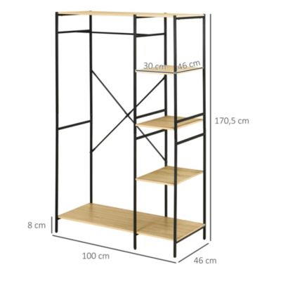Penderie portant à vêtements style industriel - tringle, 4 étagères - dim. 100 x 46 x 170,5 cm - métal effet chêne clair