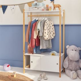 Penderie pour enfants - TOBIAS - deux portes coulissantes et portant bois massif en pin naturel blanc.  80X40X136.5CM