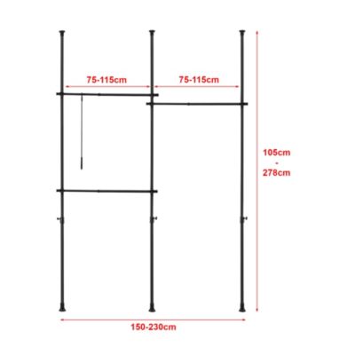Penderie télescopique Kemi acier laqué 150 - 230 cm 3 barres de penderie noir en.casa
