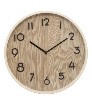 Pendule murale en bois beige naturel et verre D 38 cm