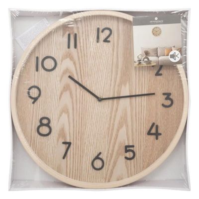 Pendule murale en bois beige naturel et verre D 38 cm