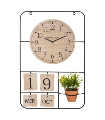 Pendule murale en métal et Bois avec Calendrier perpétuel et Plante verte en pot