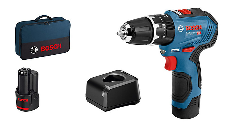 Bosch Professional 12V System Perceuse-visseuse à percussion sans-fil GSB 12V-15 avec 2 batteries 2,0 Ah, chargeur GAL 12V-20, set de 10 accessoires, dans un coffret 