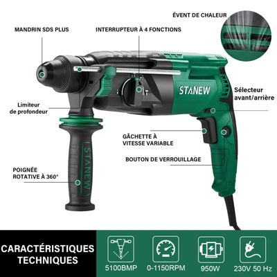 Perceuse à percussion SDS Plus filaire 950 W, avec jeu d'accessoires 16 pièces, 0-1150 tr/min/5100 coups/min, adaptée au béton, à